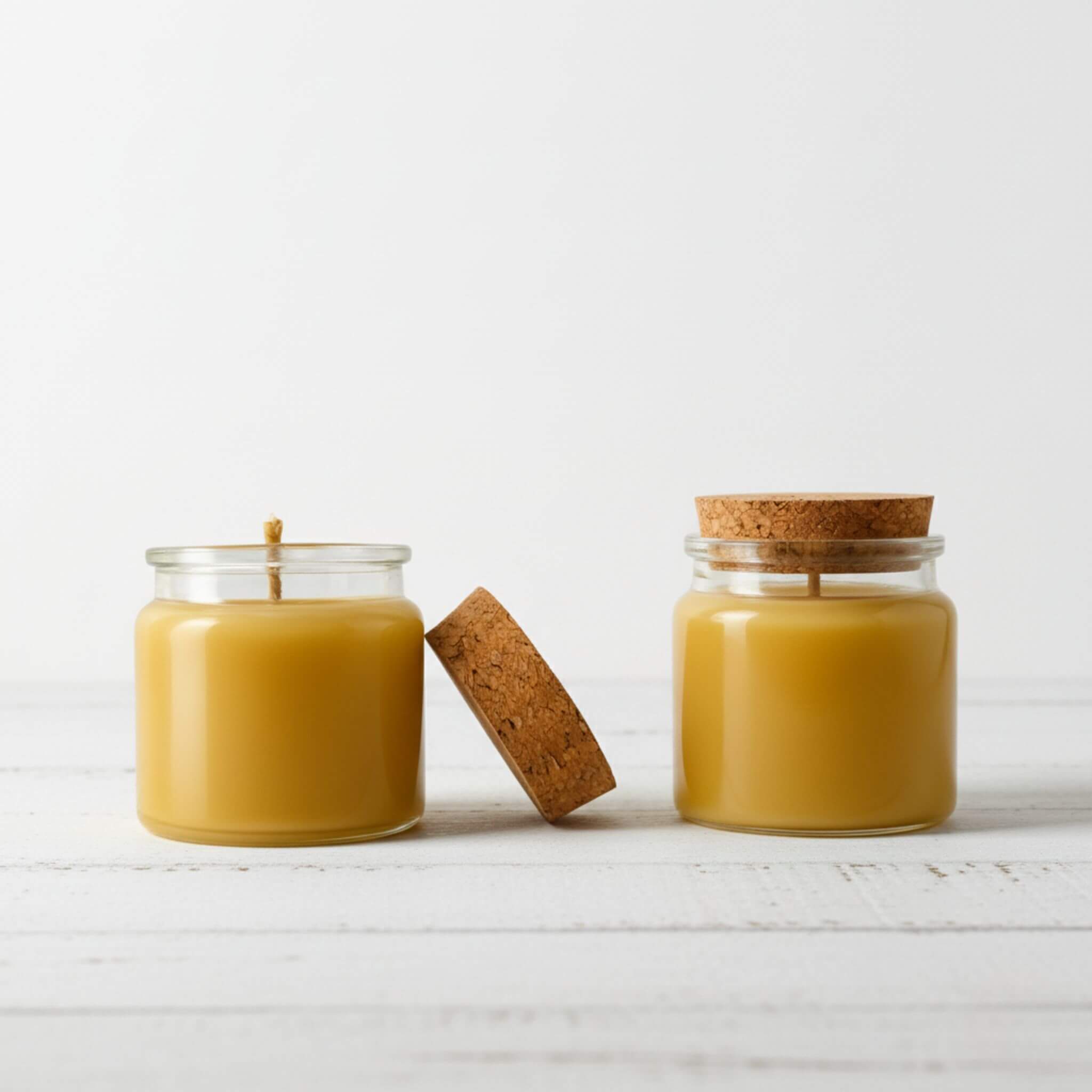 Two Blossom & Hive glass jars with cork lids containing a yellow beeswax candle on a white background
