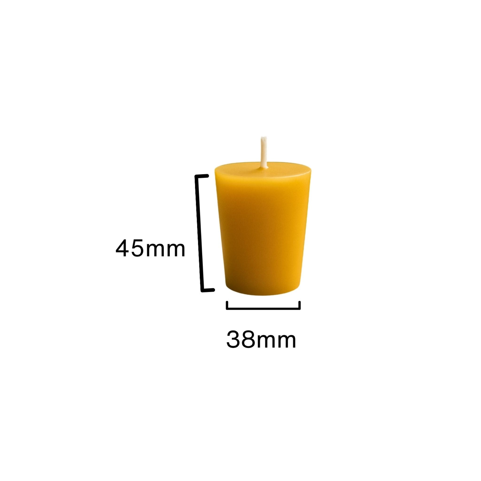 Blossom & Hive Beeswax votive with dimensions labeled on a white background