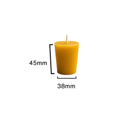 Blossom & Hive Beeswax votive with dimensions labeled on a white background