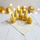 Set of Blossom and Hive beeswax candles shaped like gnomes and a pine cone on a white surface with a blurred light background.