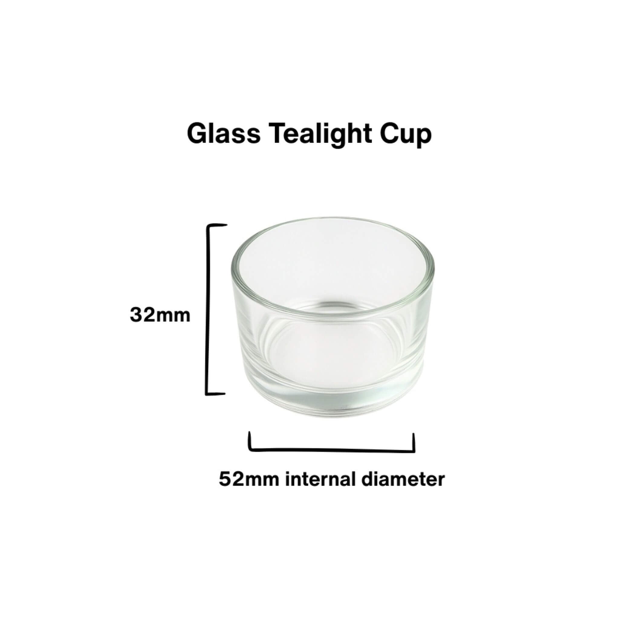 Blossom & Hive glass tealight cup with measurements on a white background
