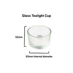 Blossom & Hive glass tealight cup with measurements on a white background