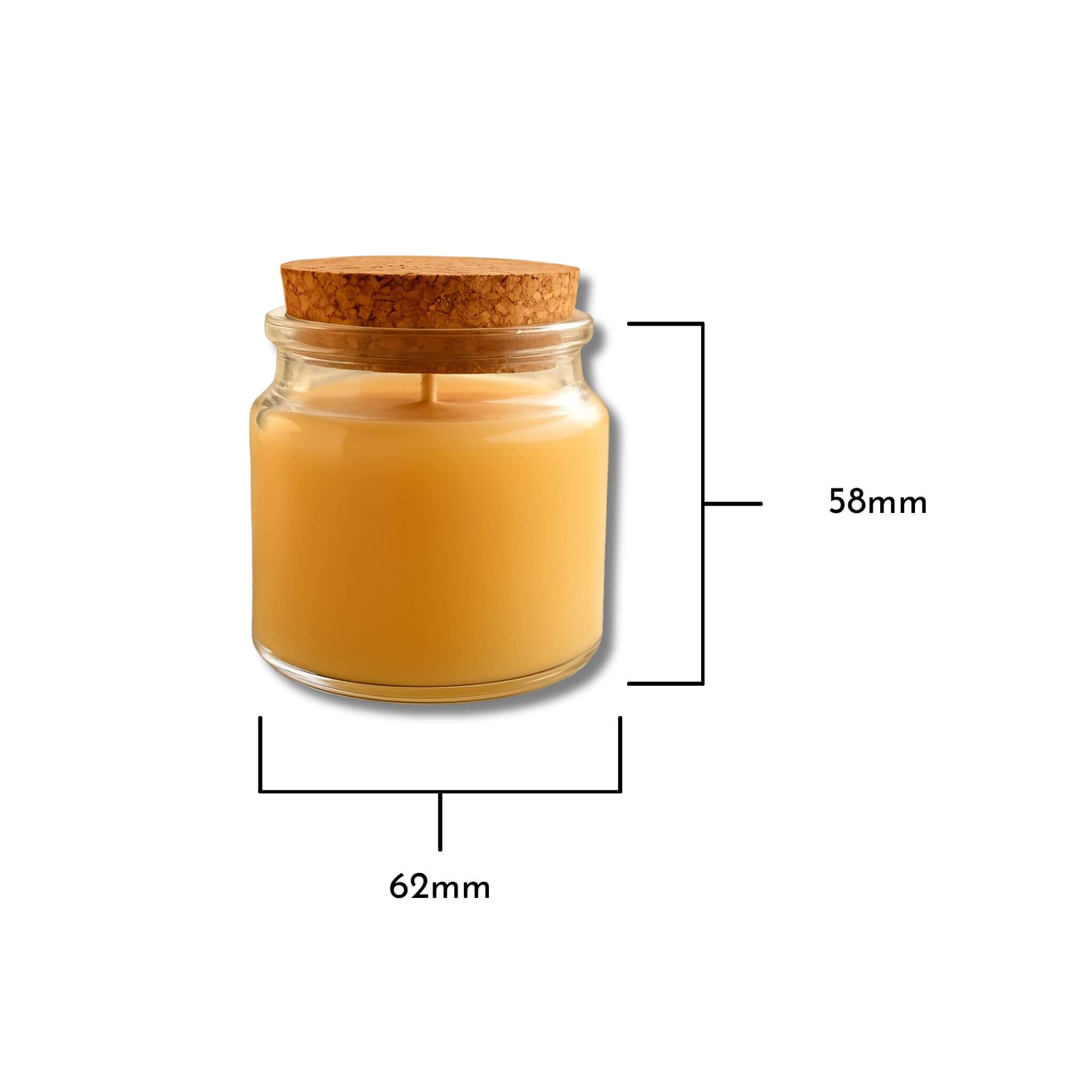 Blossom & Hive Beeswax Candle in a glass jar with cork lid and dimensions labeled on a white background