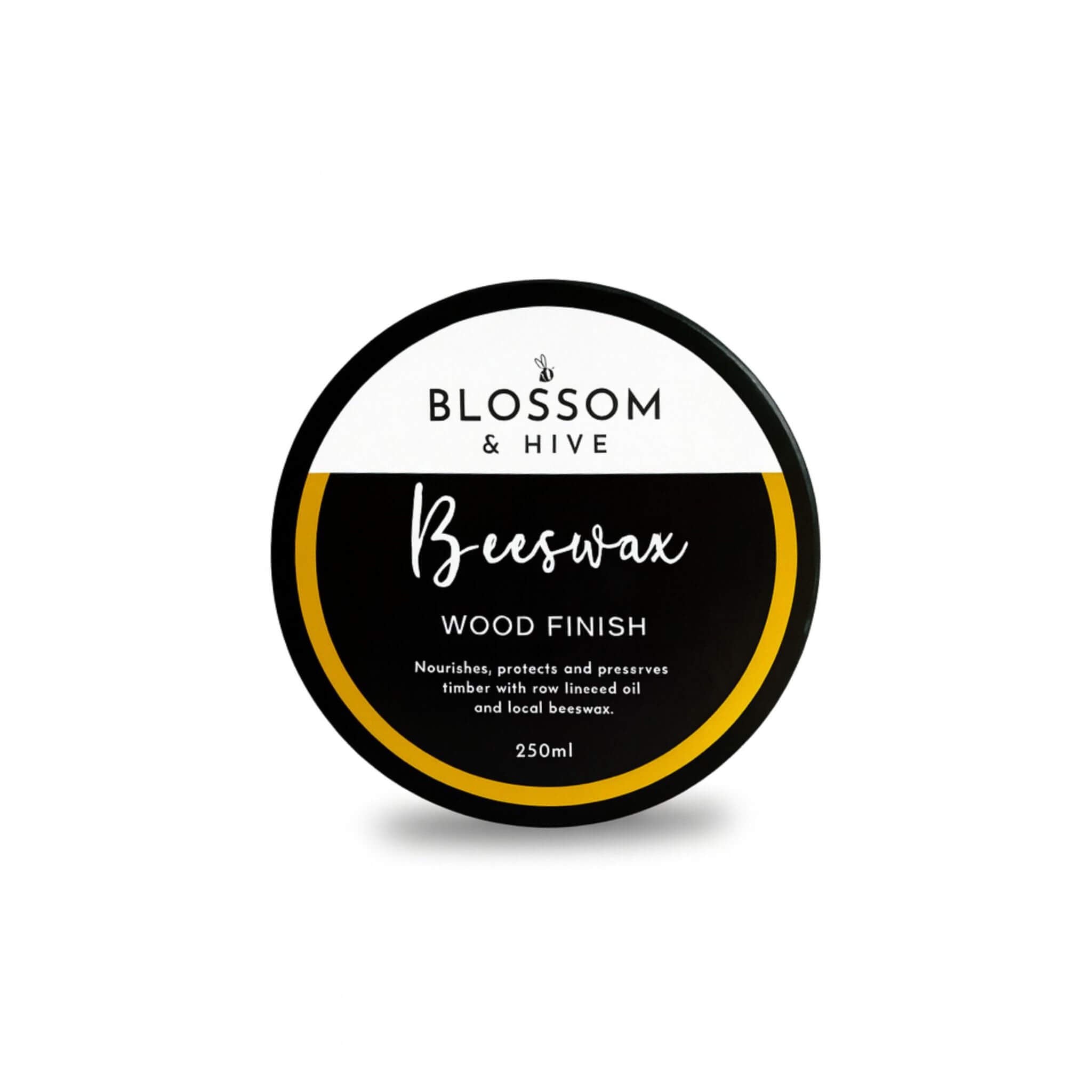 Blossom & Hive beeswax wood finish 250ml container on a white background