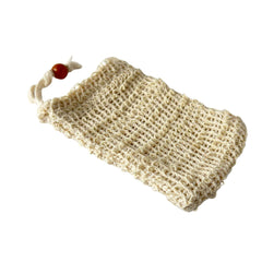 Blossom and Hive eco-friendly cotton soap pouch with a wooden bed on the drawstring, placed on a white background