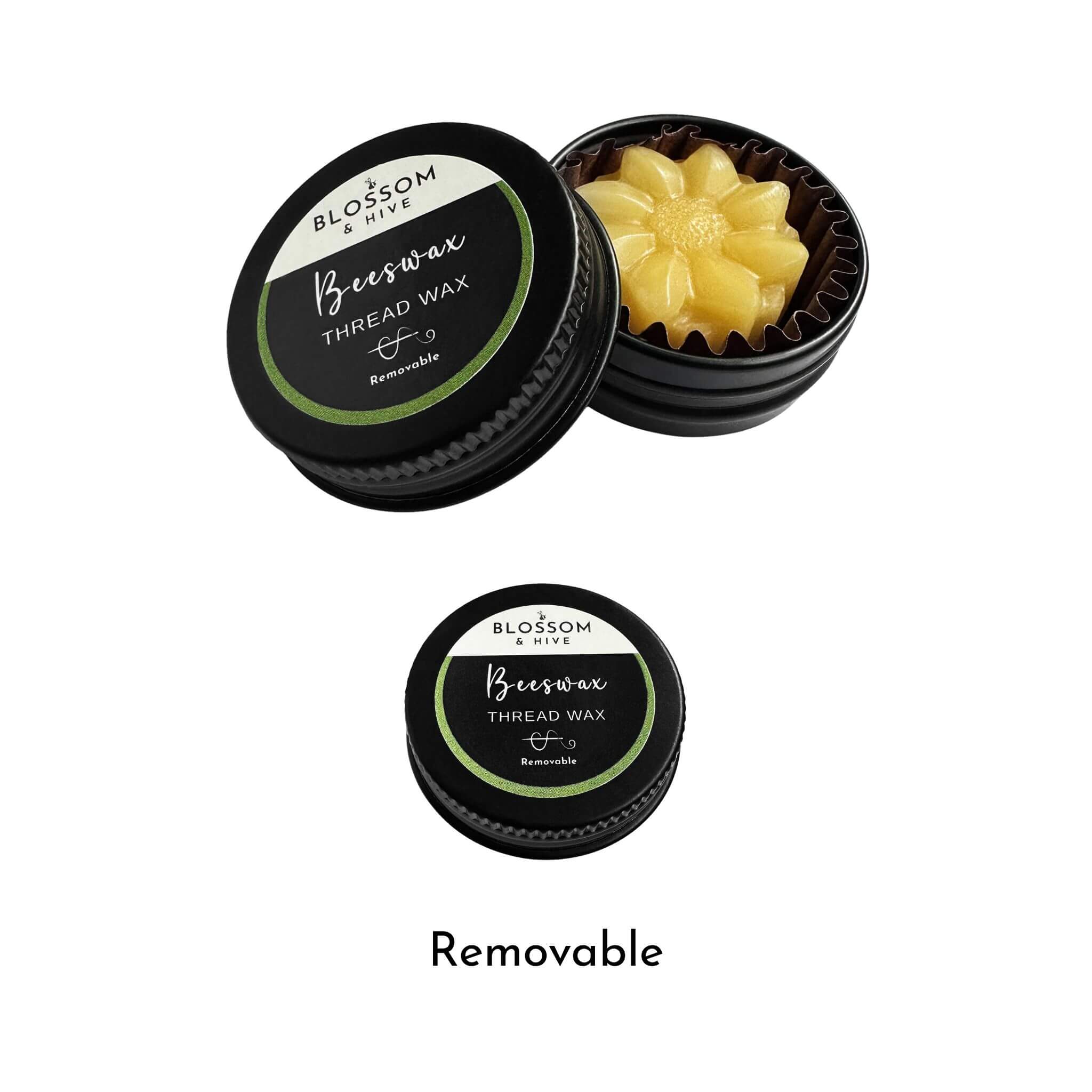 Blossom & Hive Beeswax Thread Wax packaging with a removable lid on a white background