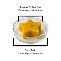 Blossom and Hive Beeswax tealight star candle in a glass dish with dimensions.