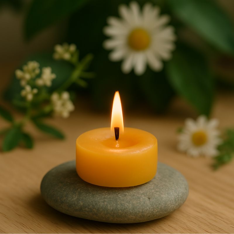A lit beeswax tealight candle without a container, gently flickering atop a smooth flat river stone. Surrounded by soft greenery, white flowers, and natural elements in a calming scene with green, gold, and white tones