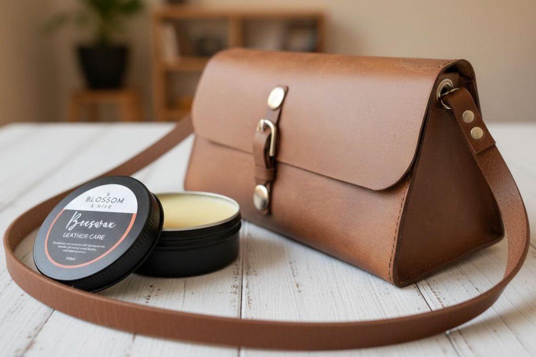 Blossom & Hive Beeswax Leather Care tin beside a tan leather handbag, ready to condition and protect naturally.