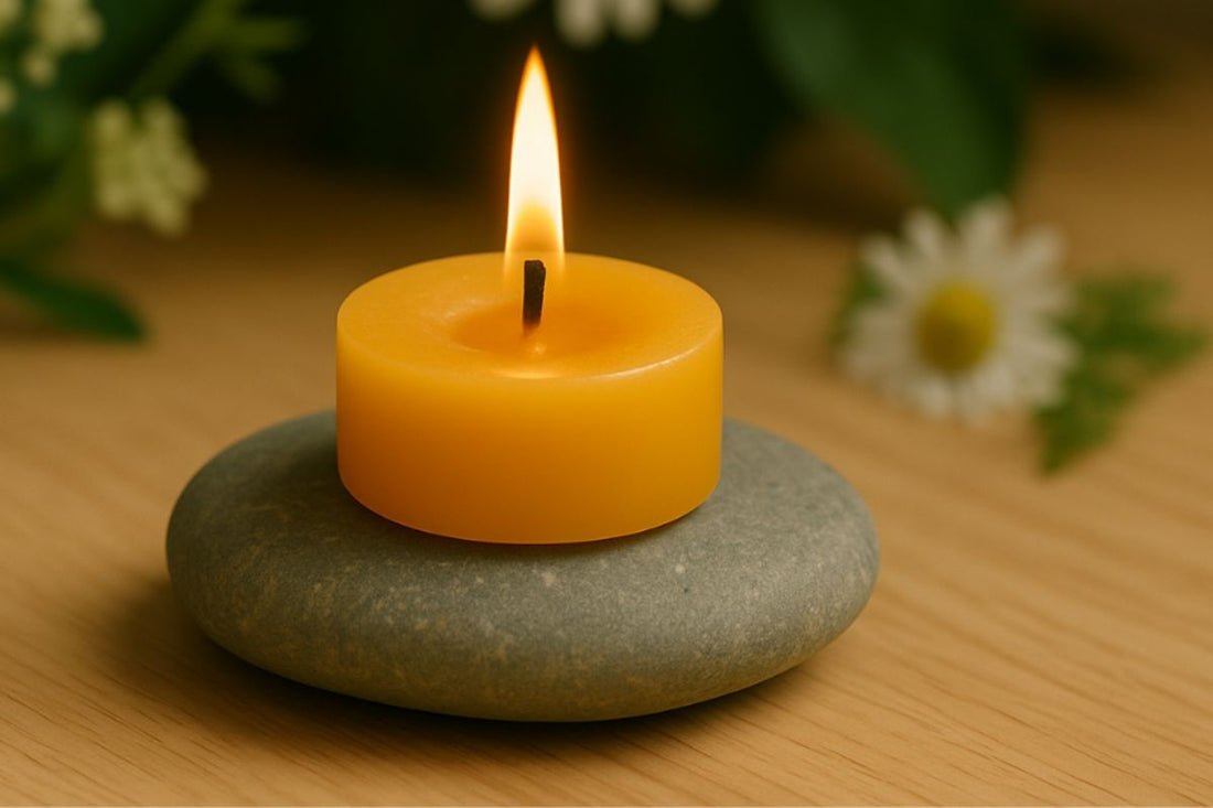 A glowing golden beeswax tealight candle on a smooth stone with soft natural light and flowers in the background.