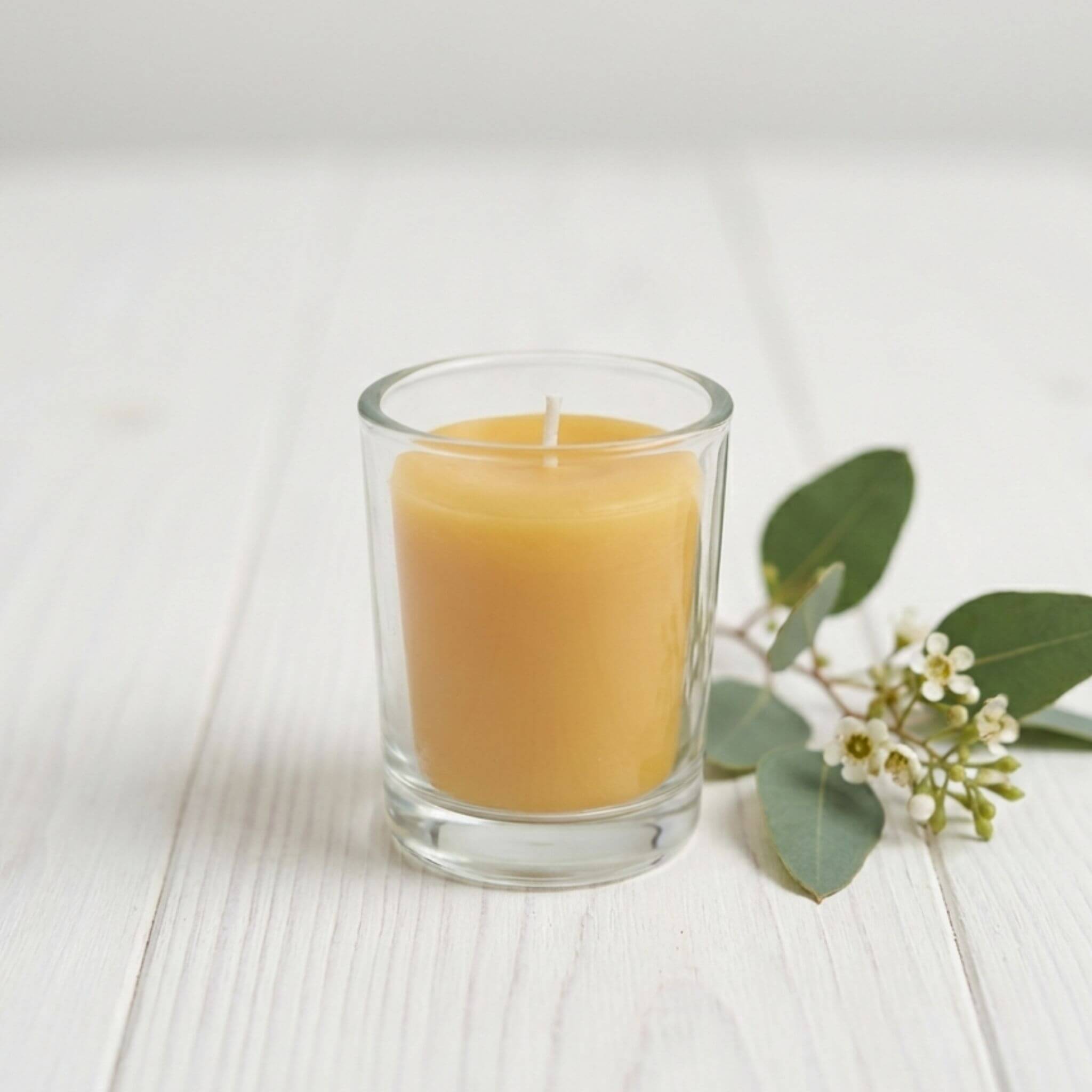 Beeswax votive in a glass holder with a small sprig of greenery beside on a white painted timber surface
