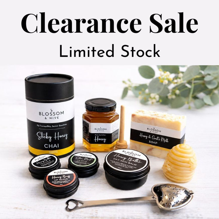 Blossom & Hive honey products with 'Clearance Sale' text on a white background