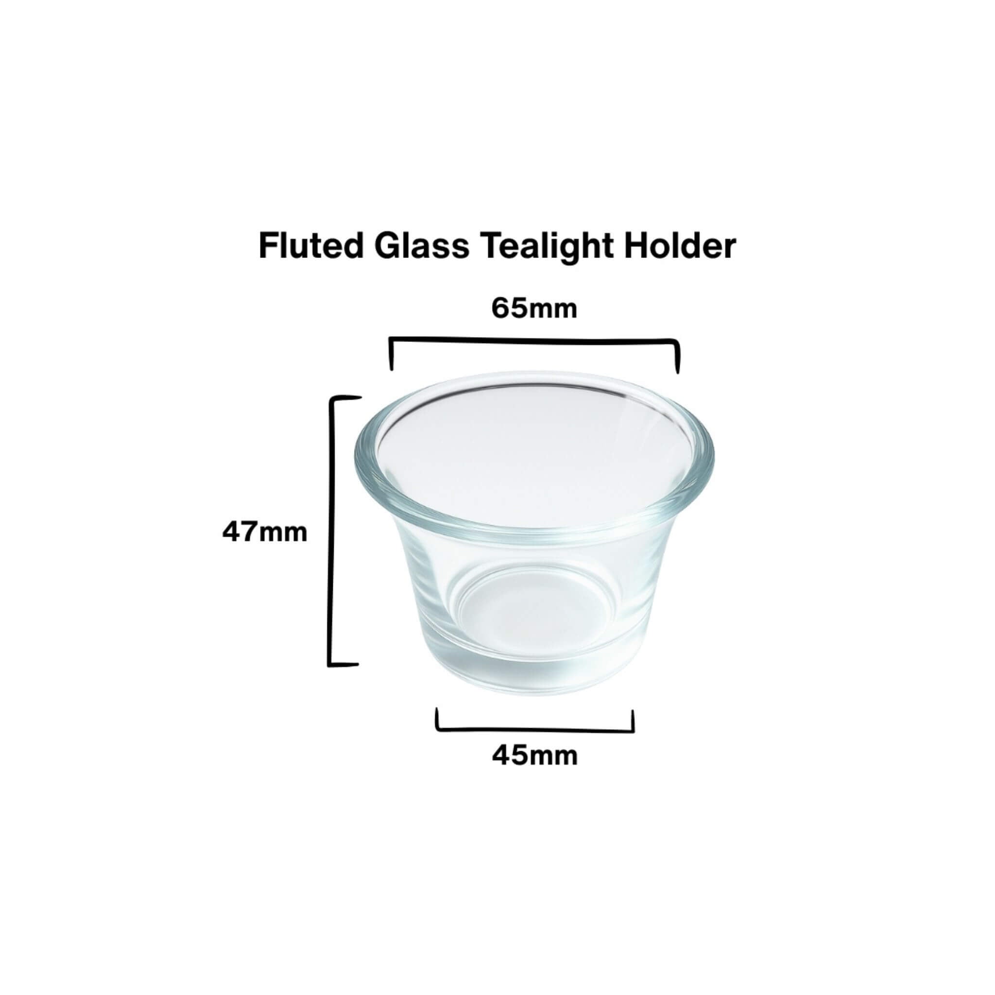 Blossom & Hive fluted glass tealight holder with dimensions on a white background