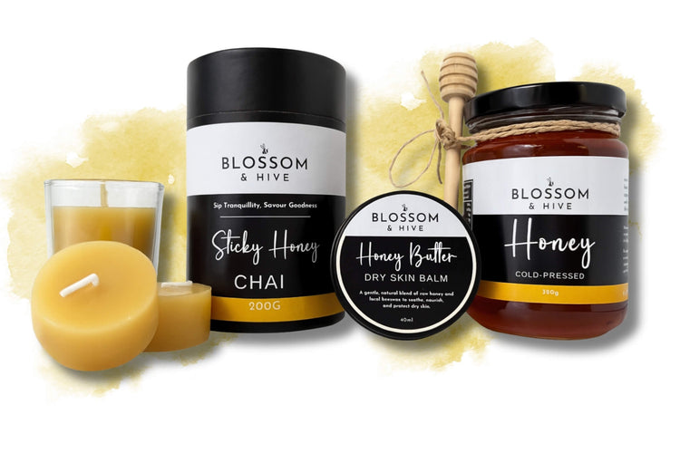 Blossom & Hive Sticky chai, honey, skin balm and beeswax candles