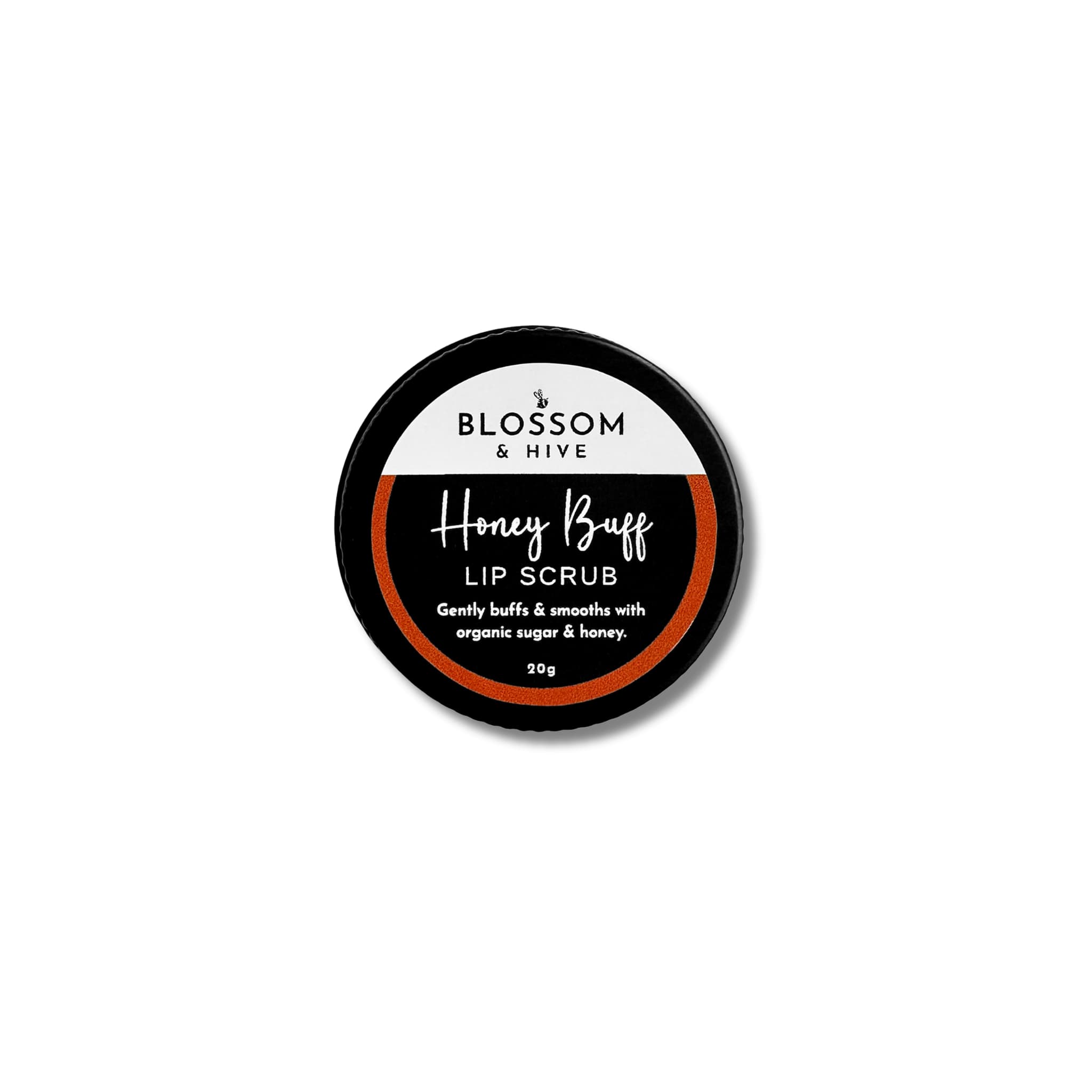 Blossom & Hive Honey Buff Lip Scrub in a black screw top tin