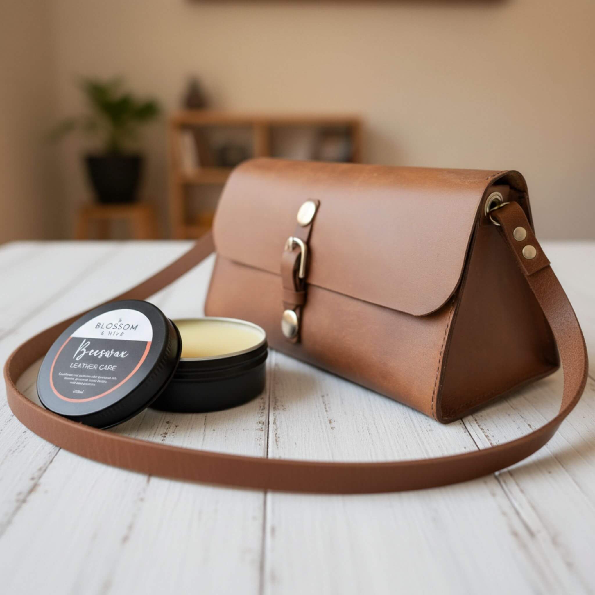 A brown leather bag, beside it is a tin of Blossom & Hive's Beeswax Leather Care on a white painted timber surface