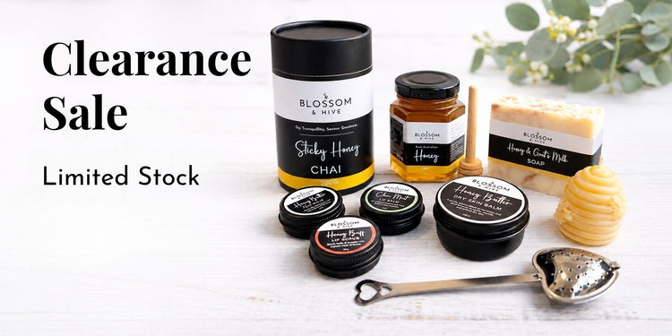 Blossom & Hive honey and beeswax products with 'Clearance Sale' text on a white background