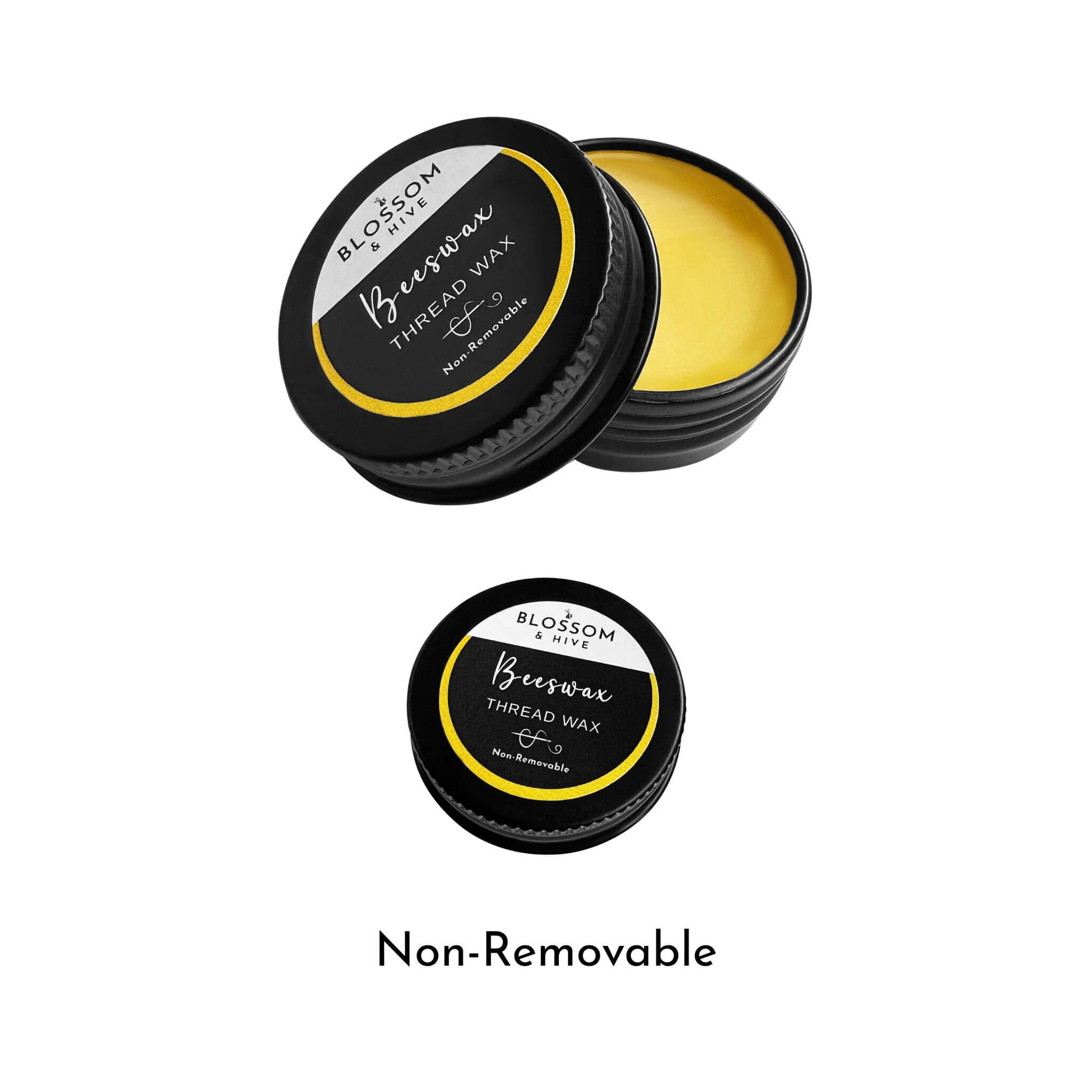 Blossom & Hive natural thread wax in a black tin, beeswax fixed inside, on a white background. 