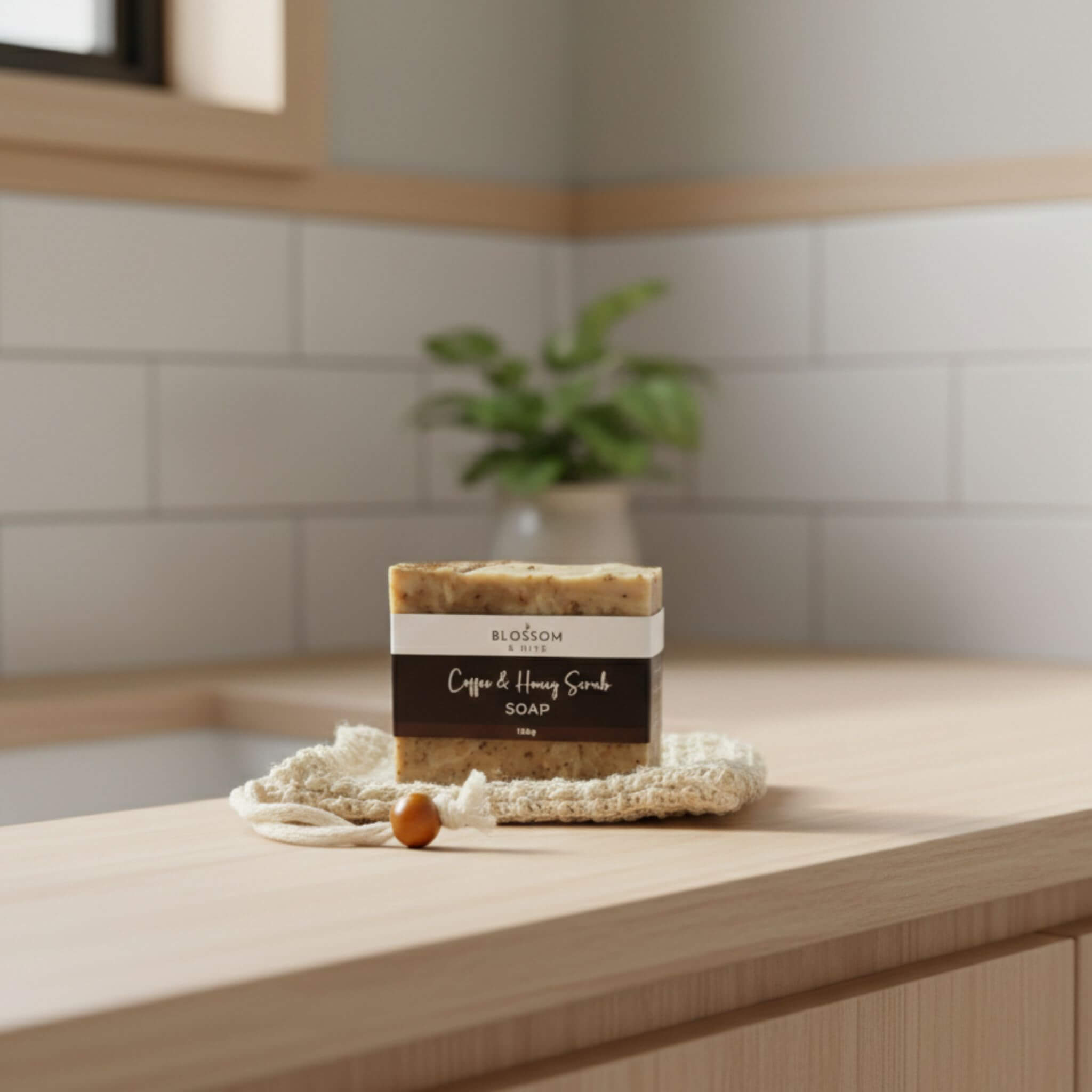 Bar of Blossom and Hive soap on a cotton soap saver bag, sitting on a wooden vanity with a blurred kitchen background