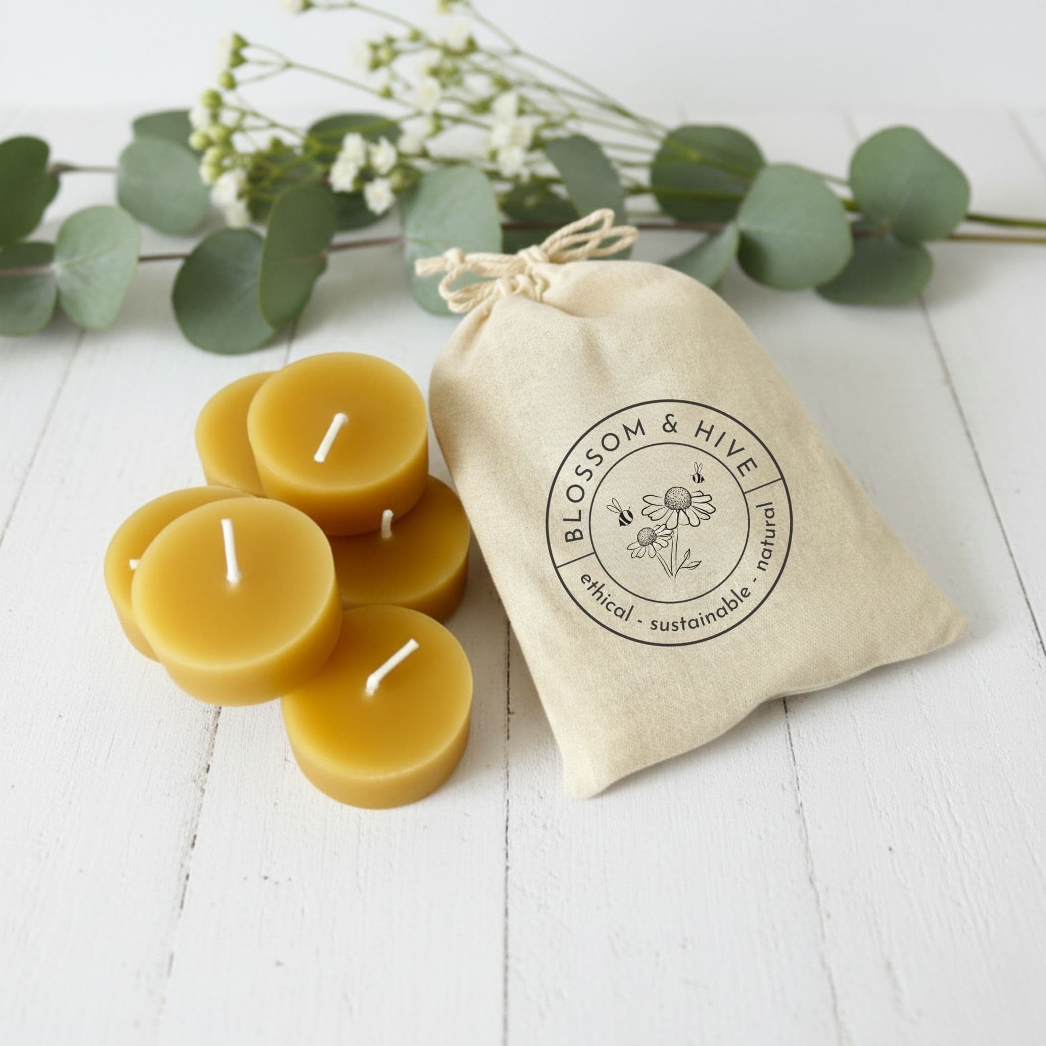 6 Blossom and hive beeswax tealights  in a calico bag