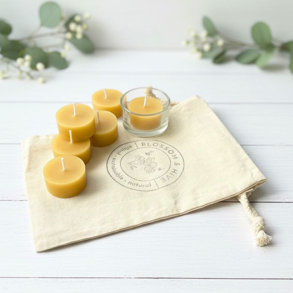Beeswax candles on a cloth with 'Blossom & Hive' branding on a white wooden surface.