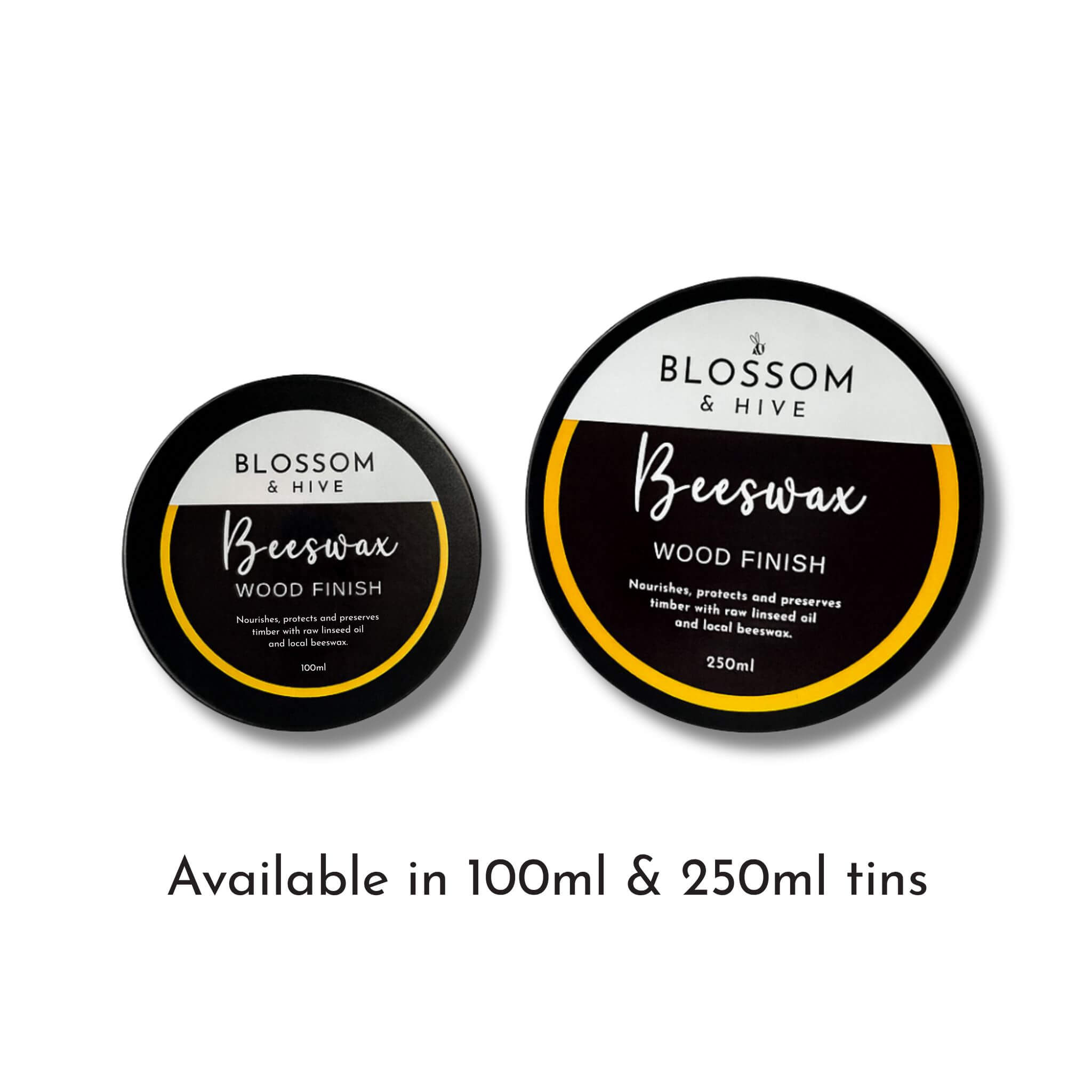 Two containers of Blossom & Hive Beeswax Wood Finish on a white background