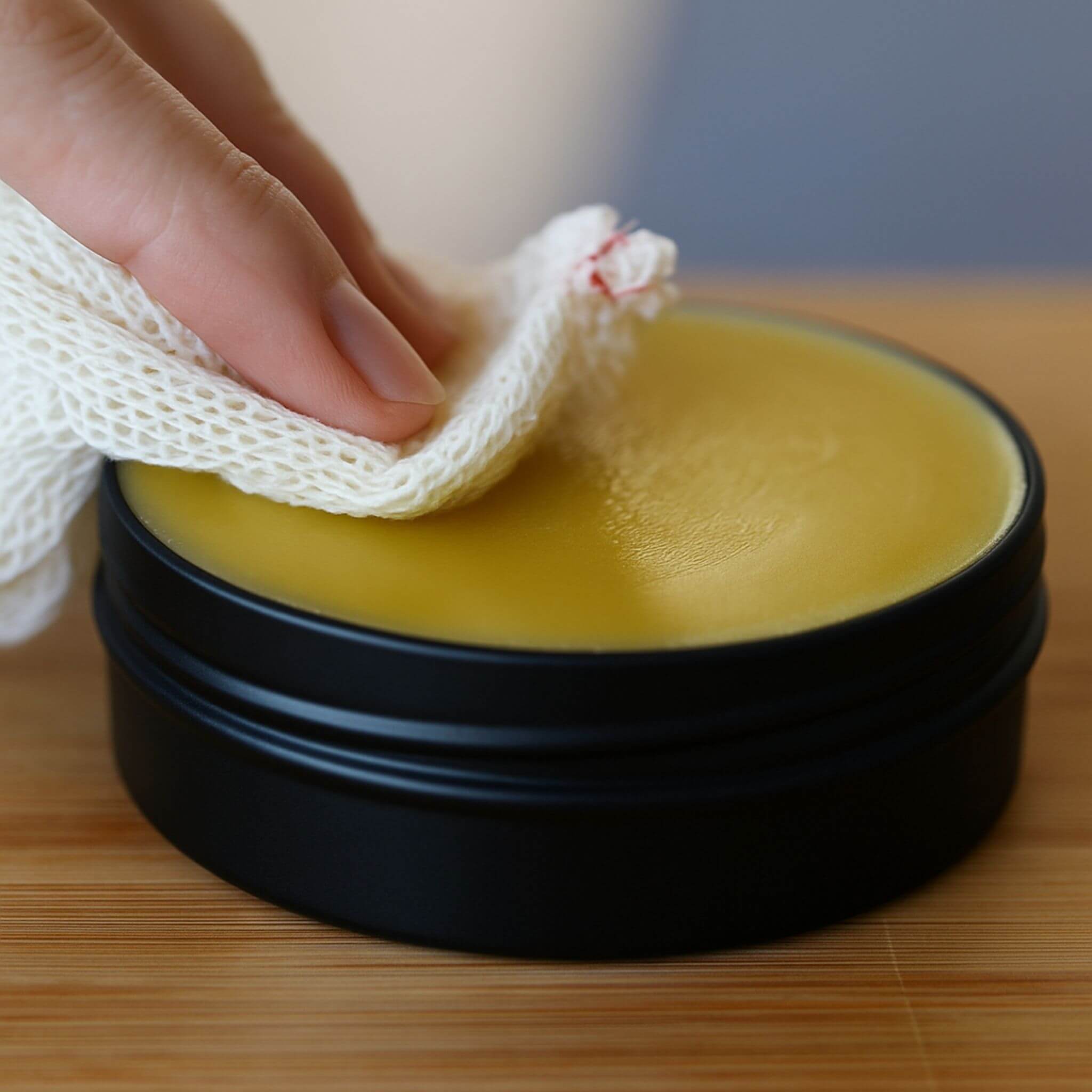 Hand applying yellow Blossom and Hive Beeswax wood finish from a black container with a cotton cloth on a wooden surface.