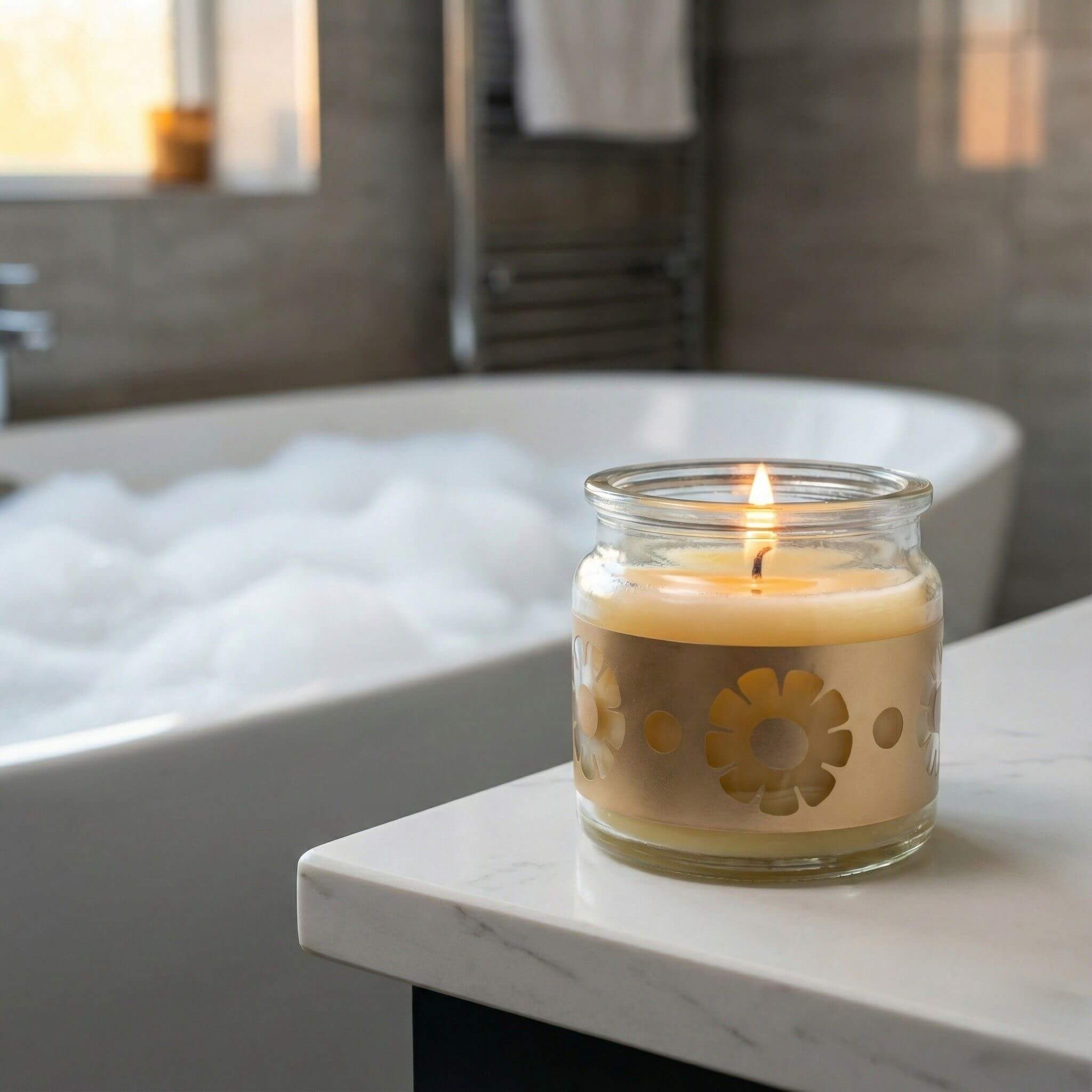 Beeswax candle in a jar with floral cutouts on a marble surface in a bathroom setting.