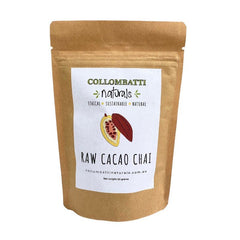 A kraft paper pouch of Collombatti Naturals Raw Cacao Chai, featuring an illustrated cacao pod on the label. This handcrafted loose-leaf chai combines rich raw cacao with aromatic chai spices for a bold and naturally sugar-free brew. Packaged sustainably for an eco-friendly choice.