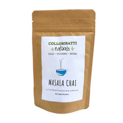 A 50g kraft pouch of Collombatti Naturals Masala Chai, featuring a minimalist white label with a blue teacup illustration and branding that highlights ethical, sustainable, and natural values. The packaging is set against a plain white background.
