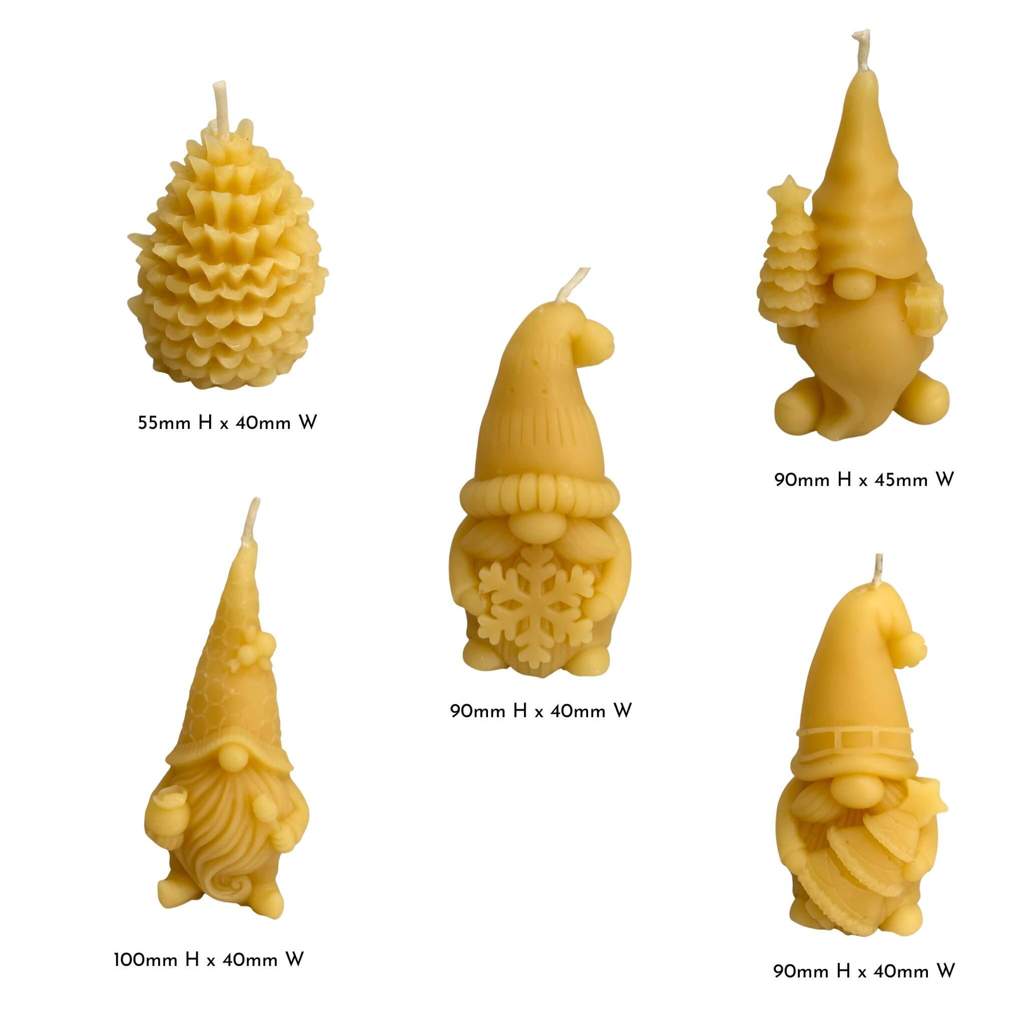 Set of five unique beeswax candles with varying shapes and sizes on a white background, with their dimensions.